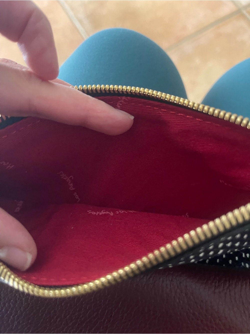 Hammitt Blue, burgundy and White Patterned Crossbody with Brown Leather Accent. - Picture 5 of 8